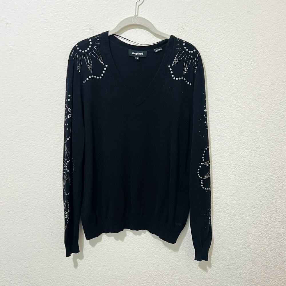 [Desigual] Black Floral Rhinestone Vancouver V-Neck Sweater Relaxed Fit Sz Small